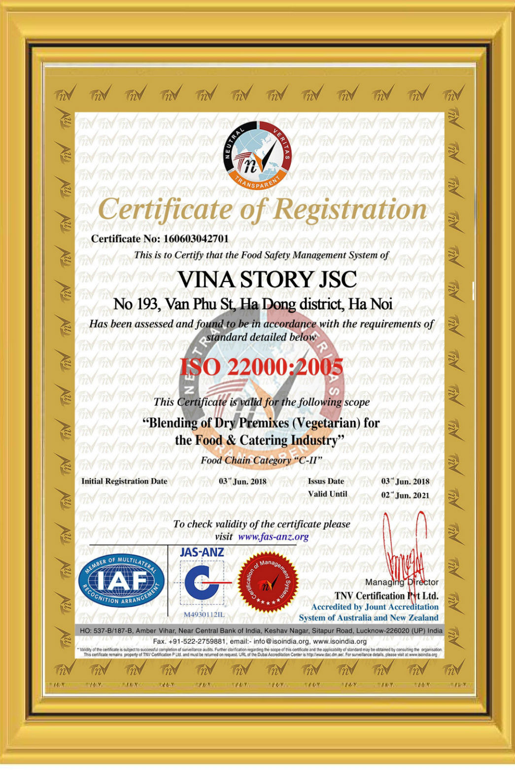 Chứng  chỉ ISO 22000:2005 cho suất ăn công nghiệp Vinastory